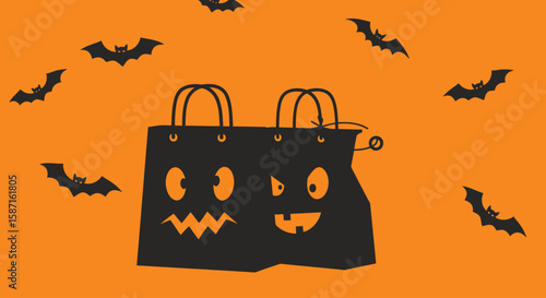 Halloween Sale Illustration with Black Shopping Bags and Bats, Spooky Halloween Sale Design with Pumpkin Face Shopping Bags on Orange Background