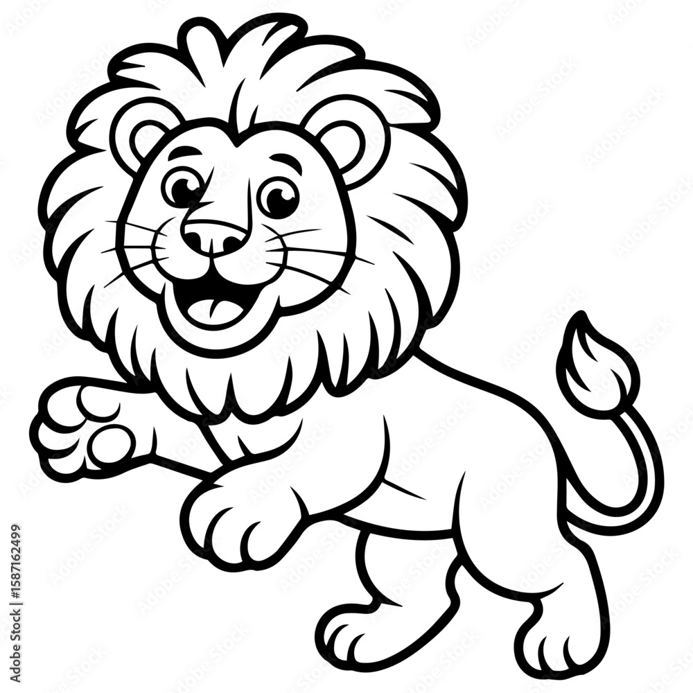 Fototapeta premium A smiling cartoon lion cub wearing a crown and a polka-dot bow tie.