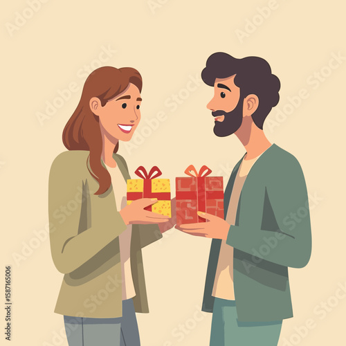 Smiling couple exchanging gifts, a cheerful illustration of a happy exchange.