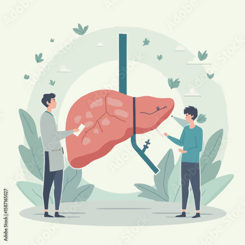 Illustration depicting a medical professional explaining the human liver to a patient.