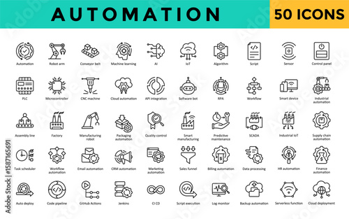 Automation icons set with automation, robot arm, conveyor belt, machine learning, ai, iot, algorithm, script, sensor, control panel icon. Simple line vector 
