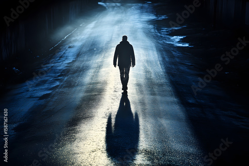 a man walking down a dark street at night