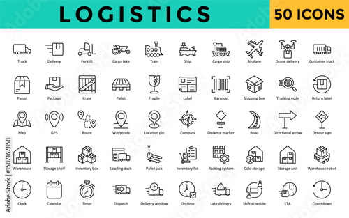 Logistics icons set with truck, delivery, forklift, cargo bike, train, ship, cargo ship, airplane, drone delivery, container truck icon. Simple line vector 

