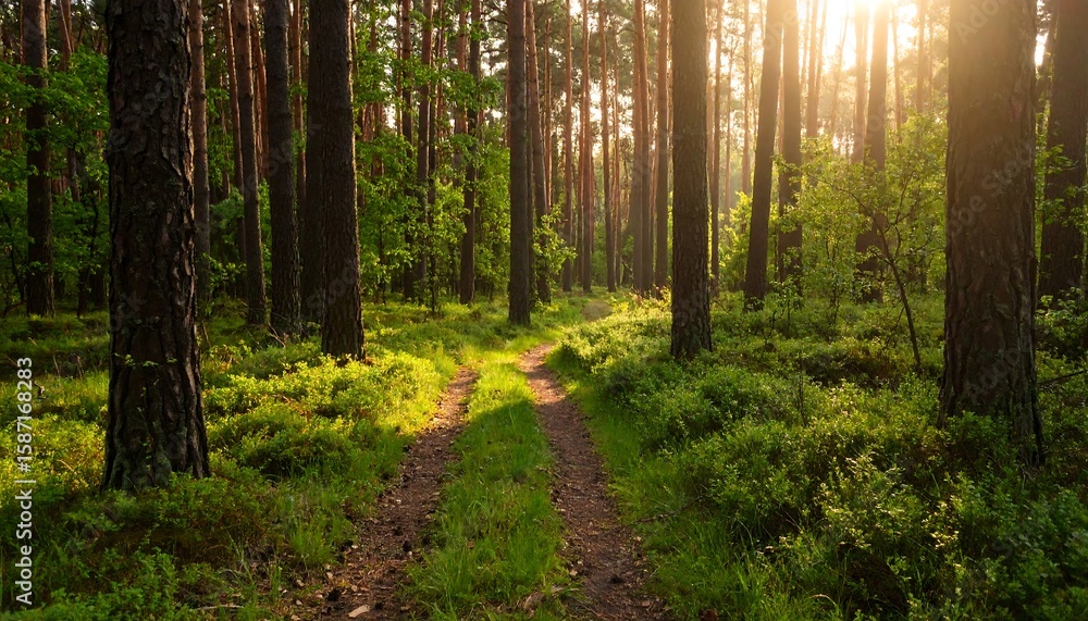 Obraz premium Sunlight streams through a pine forest (1)