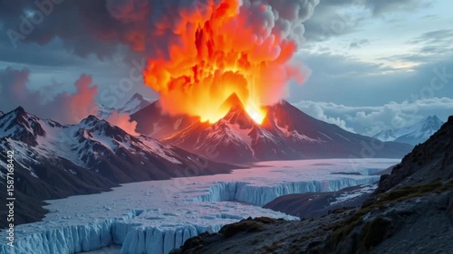 Witness the raw power of nature with a volcano erupting amidst a snowy mountain range, creating a dramatic landscape of fire and ice.