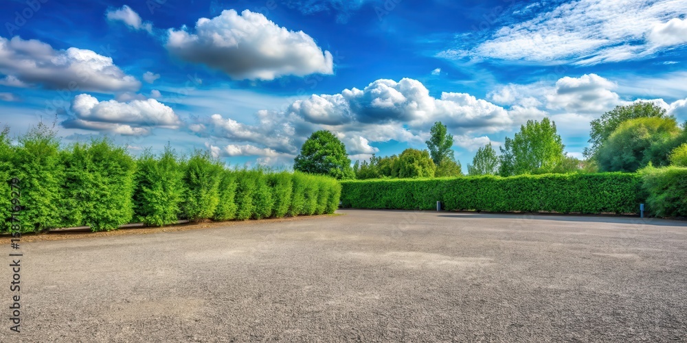 Fototapeta premium Parking lot surrounded by a bush with green leaves