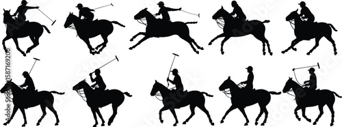 Horse polo player silhouettes in action, riding horses with mallets, equestrian sport illustration, team competition vector for design and print