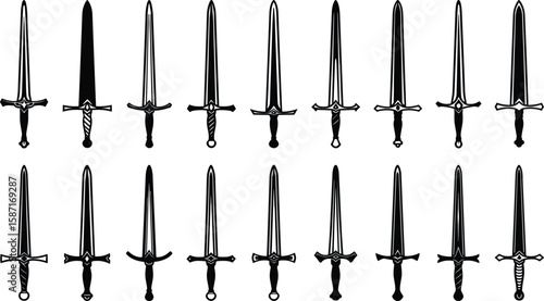 Medieval sword silhouette vector set, antique blade collection, black weapon clipart for fantasy, knight, battle, game, and tattoo design