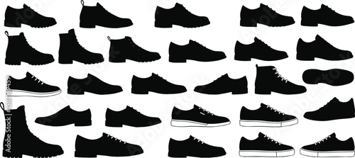Men’s footwear silhouette vector set, casual and formal shoes collection, side view boots and sneakers icon pack for fashion design