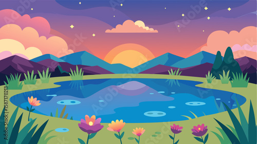 The tranquil waters of a small pond reflecting the colors of the sky surrounded by a carpet of wildflowers.