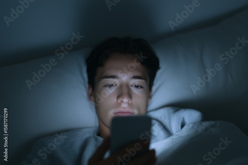 A person doomscrolling in bed at night, their face lit by the phone's blue light. This visual captures modern anxiety, information overload, and the negative mental health effects of social media