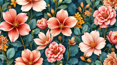 A vibrant floral pattern featuring various shades of pink and peach flowers.