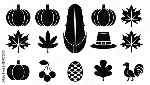Thanksgiving icons pumpkins leaves pilgrim hat turkey cherries