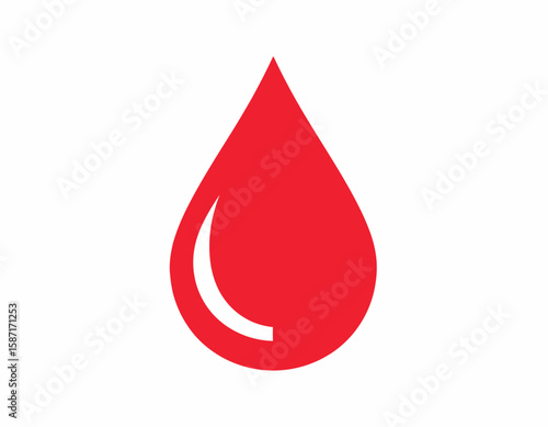 Simple red blood drop graphic icon, isolated on white background.