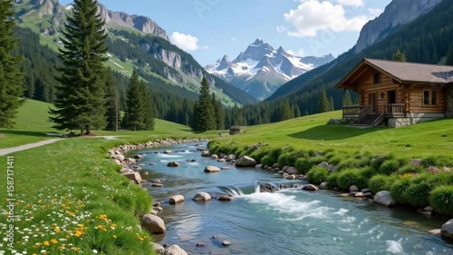 Serene mountain landscape features a flowing river, lush green meadows, and a charming wooden cabin nestled among towering trees and majestic peaks.