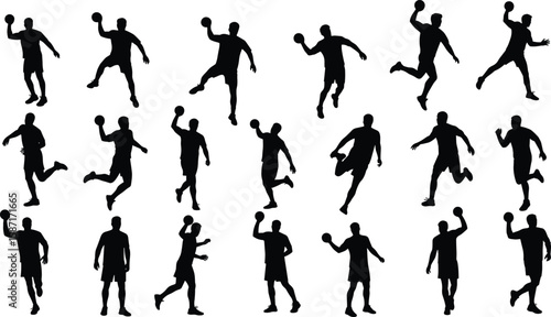 Silhouettes of male handball players performing dynamic sports actions, jumping, running, and throwing ball, vector illustration for design and print