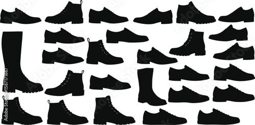 Silhouettes of various shoes and boots in black vector style, fashion footwear design for apparel, branding, illustration, and template use