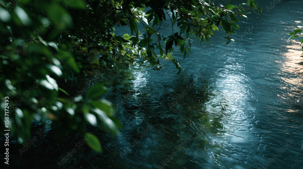 Naklejka premium 緑のある水辺に降り続ける雨