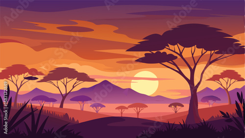 The savannah at sunset is a sight to behold with the last rays of sunlight painting the grasses in shades of fiery orange and deep purple.