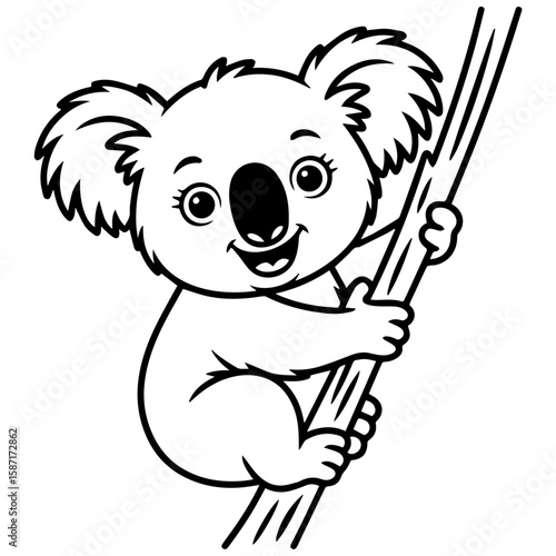 A cartoon koala happily clings to a tree branch, smiling with large eyes.