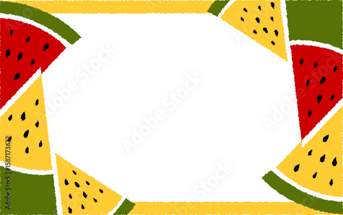赤と黄のスイカスライス入り夏の手描き風フレーム
