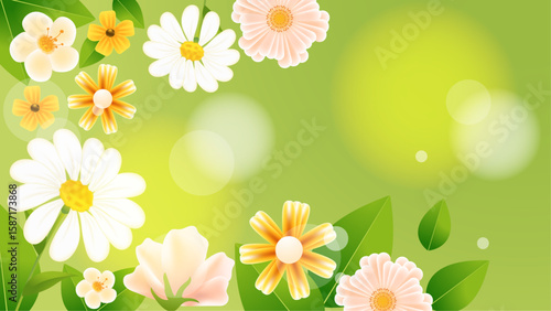 Various colorful flowers and green leaves on a green background. Perfect for botanical prints, nature themed designs, springtime promotions, and vibrant wallpapers.