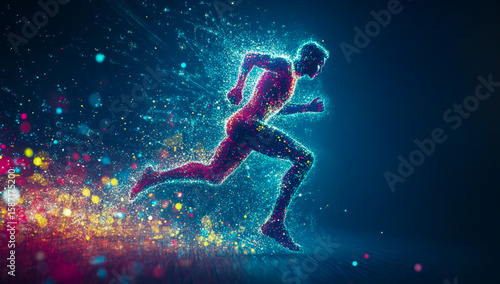 A man running, surrounded by glowing data points and vibrant neon lights, depicted in a dynamic digital art style with futuristic and cybernetic elements.