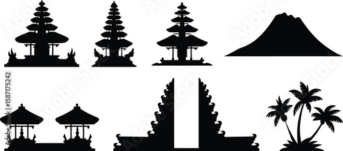 Set of black silhouettes with traditional Balinese architecture and nature icons, including temples, a split gate, a volcano, and palm trees.
