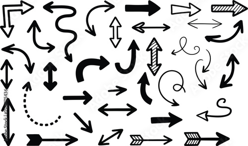 A collection of hand-drawn black arrow symbols. A large set of doodle-style pointers for indicating direction, isolated on a white background.
