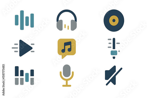 Professional Audio Control Sign Set Flat Icon Symbol Design for Music and Recording