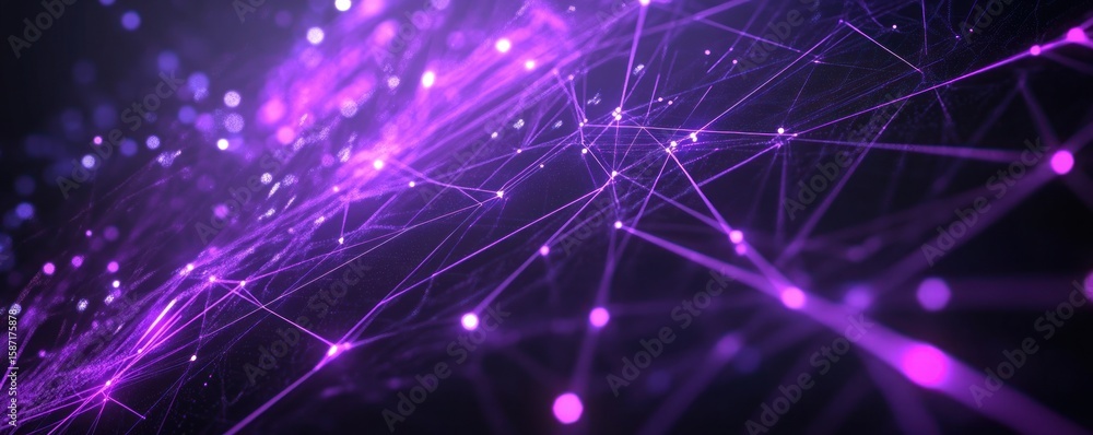 Naklejka premium Abstract purple network with glowing nodes and connecting lines against a dark background design element