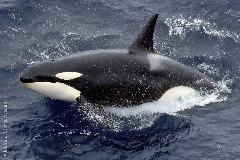 Naklejka premium Killer Whale Orca Breaching in Deep Ocean Water