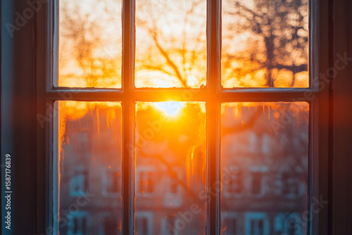 a window with a view of a sunset through it