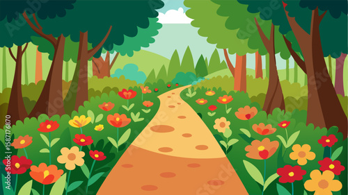 The path is lined with an abundance of wildflowers painting the forest floor with vibrant pops of color.