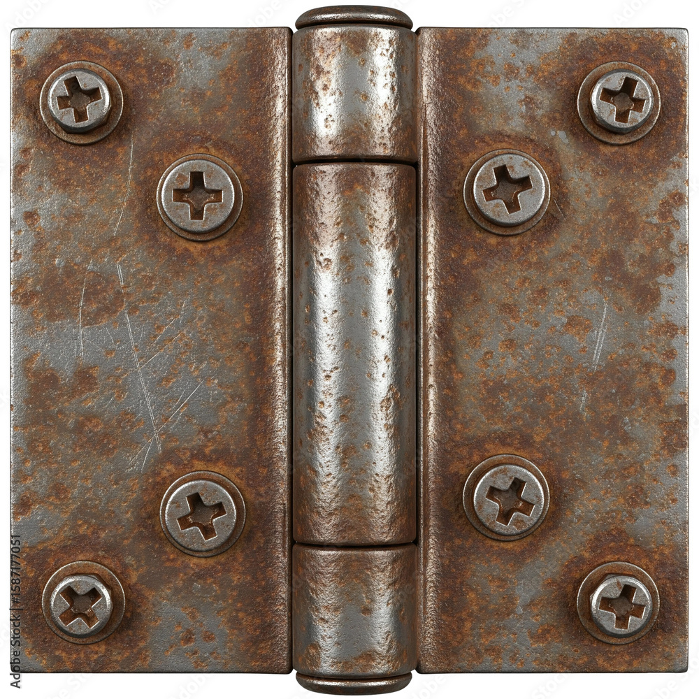 Fototapeta premium rusty door hinge with screws isolated, vintage metal hardware texture, corroded iron joint detail, weathered mechanical part, old rustic building element on transparent background (PNG)