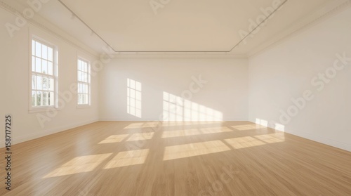 Wallpaper Mural Mock-up of white empty room and wood laminate floor with sun light cast the shadow on the wall,Perspective of minimal inteior design on nature background. 3D rendering Torontodigital.ca
