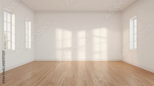Wallpaper Mural Mock-up of white empty room and wood laminate floor with sun light cast the shadow on the wall,Perspective of minimal inteior design on nature background. 3D rendering Torontodigital.ca