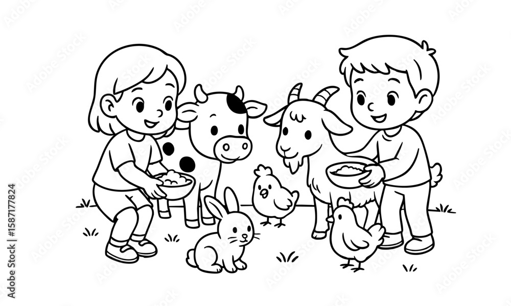 Fototapeta premium Fun Animal Friends Coloring Page for Kids – Beach, Books, and Playful Scenes