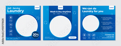 Modern Laundry Business Promotion Social Media Template. High quality vector design for self service and full service laundry options. 