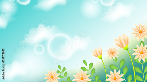 Peach flowers blooming among green leaves under a bright blue sky. Suitable for spring, nature, blossom, garden themed concepts.