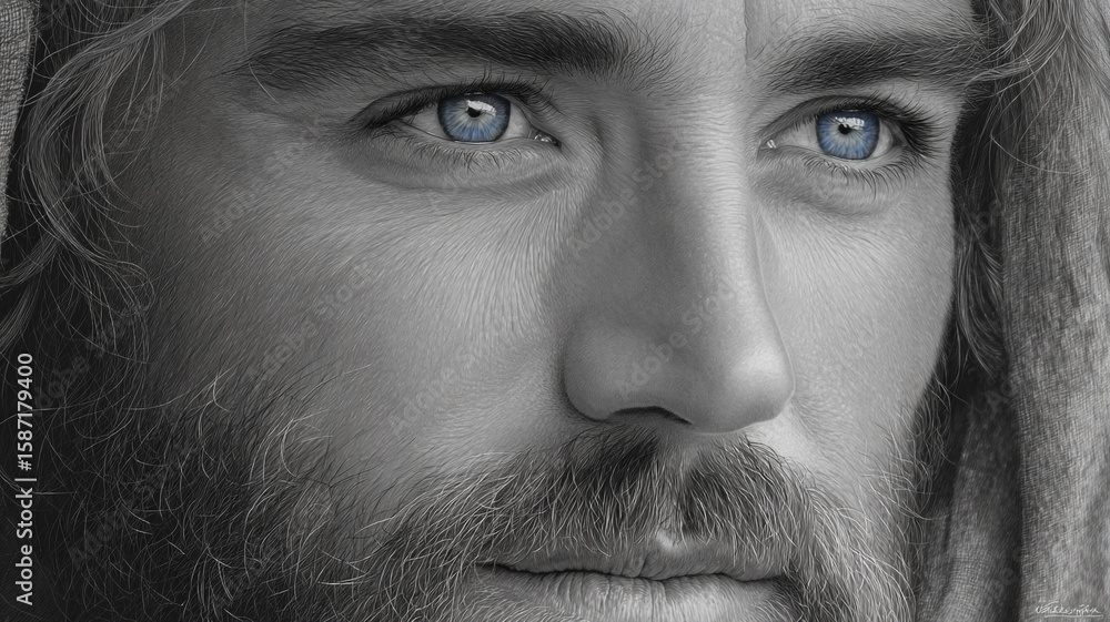 Obraz premium A detailed grayscale portrait of a man with blue eyes