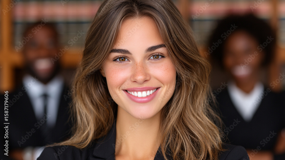 Obraz premium A smiling professional woman with colleagues in the background
