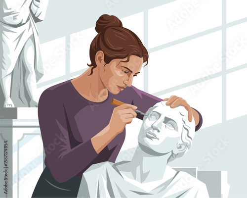 Focused Female Sculptor Carefully Detailing Classical Bust in Studio vector illustration