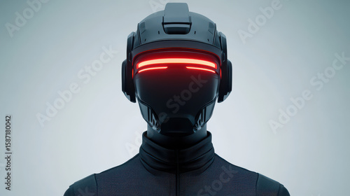 Futuristic robot with sleek black helmet and glowing red visor stands against soft gray background, evoking high tech vibe