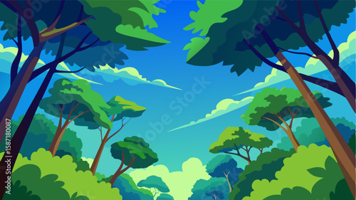 The vibrant greens of the forest canopy contrast against the deep blues of a clear sky creating a picturesque view of the natural world.