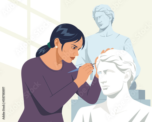 Focused Female Sculptor Carefully Detailing Classical Bust in Studio vector illustration