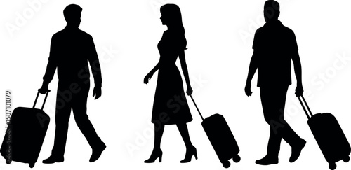 Traveling people silhouettes with luggage vector illustration design set