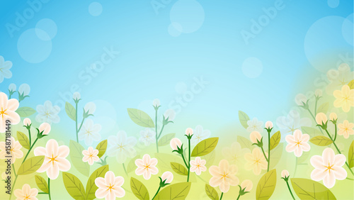 Spring floral design featuring blossoms set against a vibrant blue sky, perfect for springtime promotions, greeting cards, and seasonal blog posts.