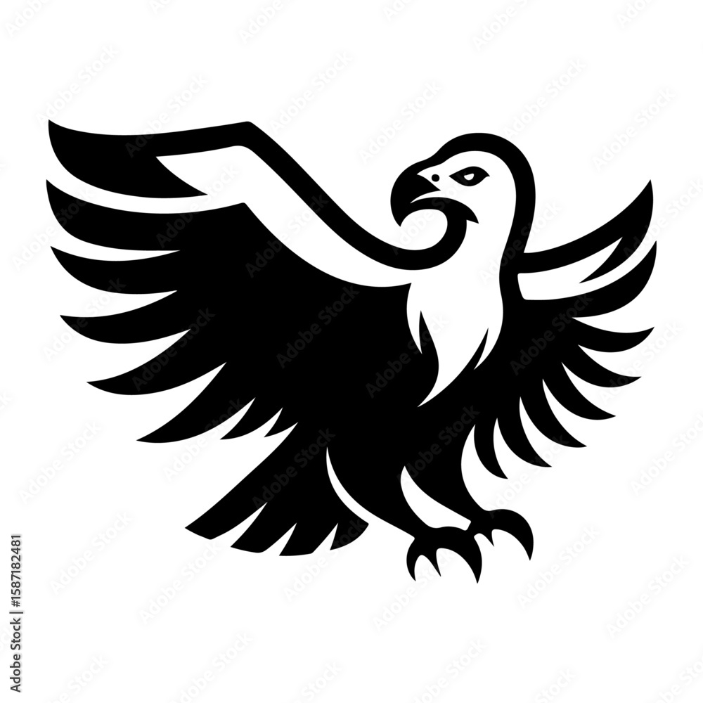 Fototapeta premium Soaring Eagle Icon: A bold monochrome illustration of a majestic eagle in mid-flight, wings spread wide, exuding strength, freedom, and the spirit of the wild. 