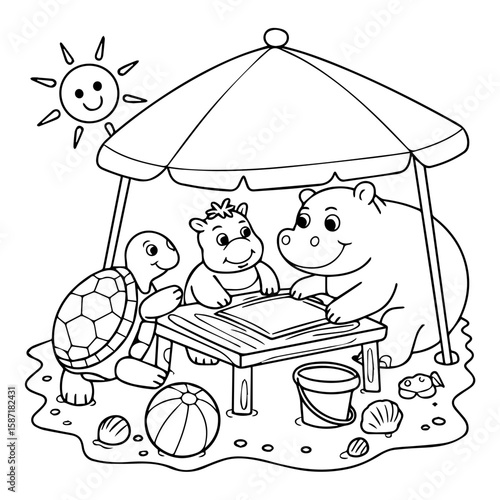Cute cartoon hippos and a turtle at a beachside table under an umbrella on a sunny day, ready for coloring.